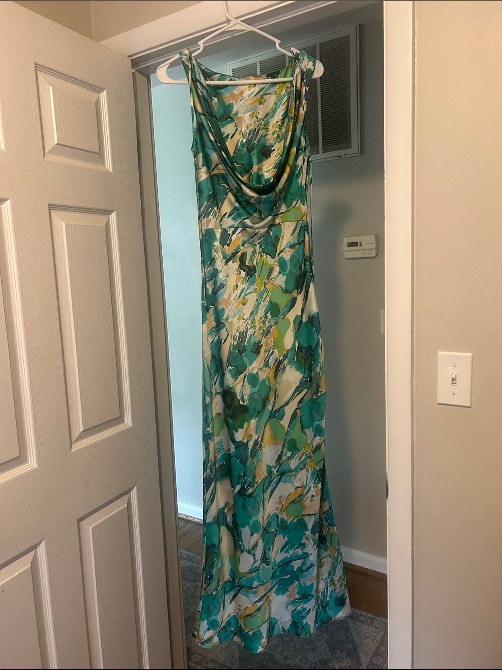 Column/Sheath Cowl Drape Green & Teal Watercolor Maxi Dress